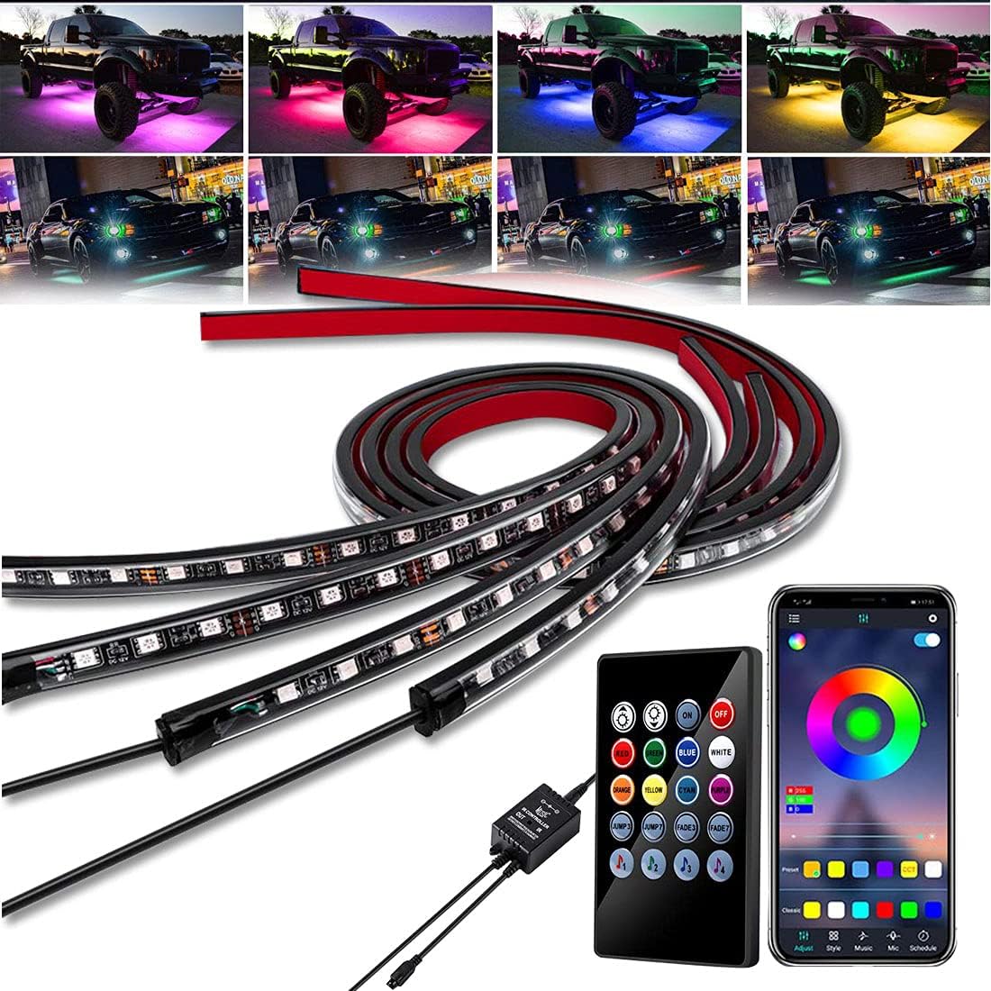 Car LED Underglow Lights Kit 4PCS+4PCS Underbody Neon Accent Lights with APP Bluetooth Remote Control DC12V RGB O751586
