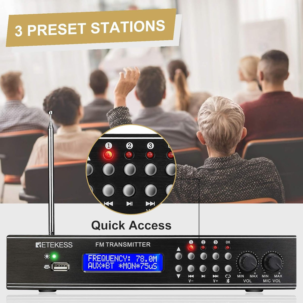 FM Transmitter with Dual Mic, 3 Preset Stations, USB Drive and RCA Inputs H373557