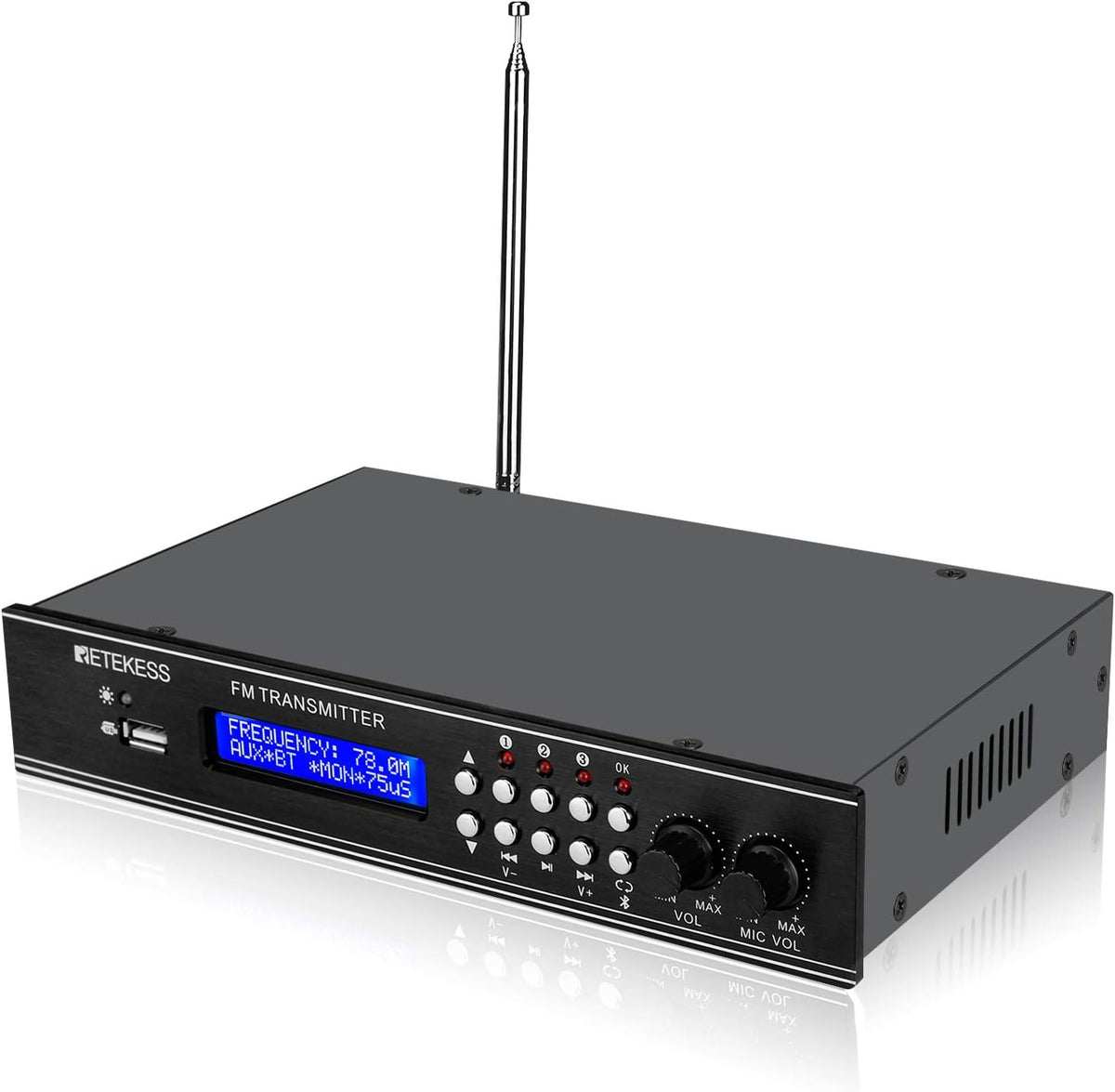 FM Transmitter with Dual Mic, 3 Preset Stations, USB Drive and RCA Inputs H373557