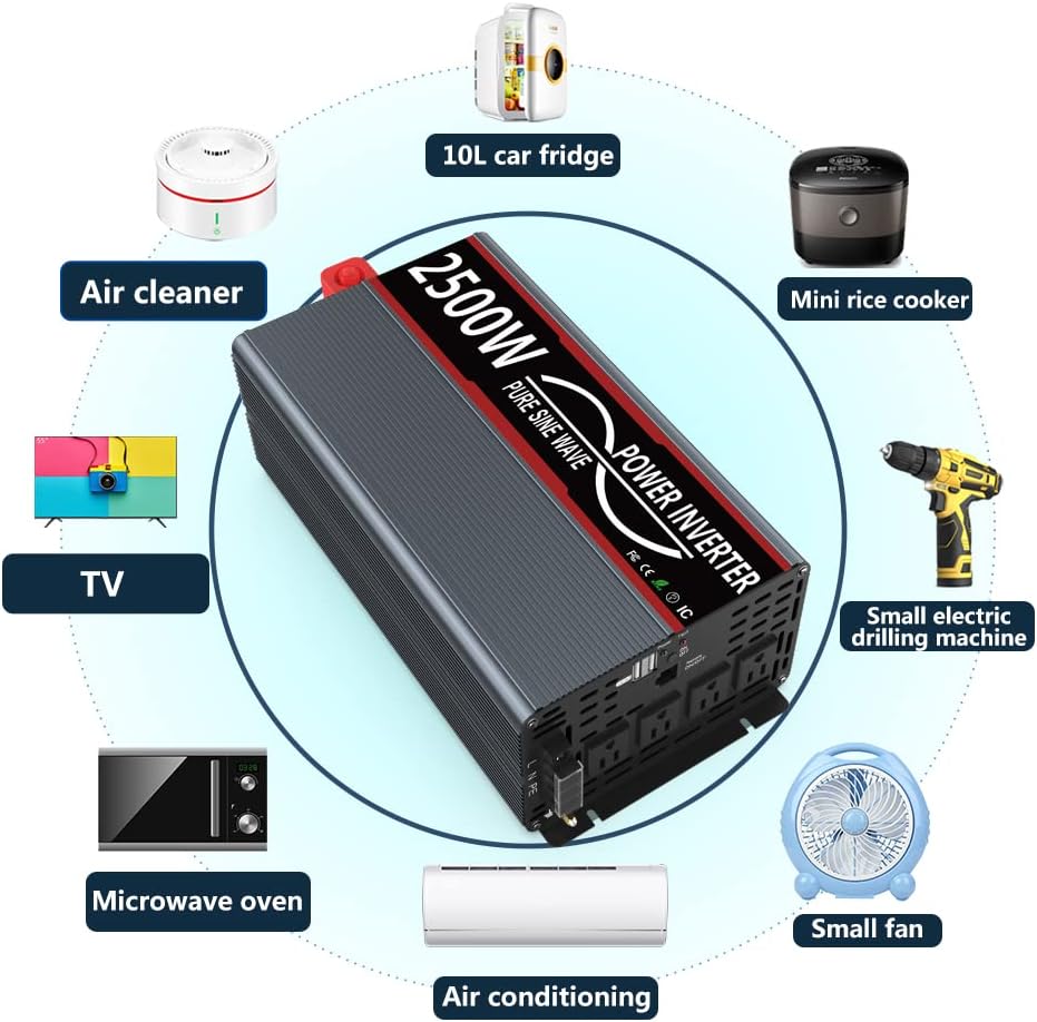 Pure Sine Wave Power Inverter 12V to 120V 2500 Watts Surge 5000 Watts with Remote Control and Starter Cables C482