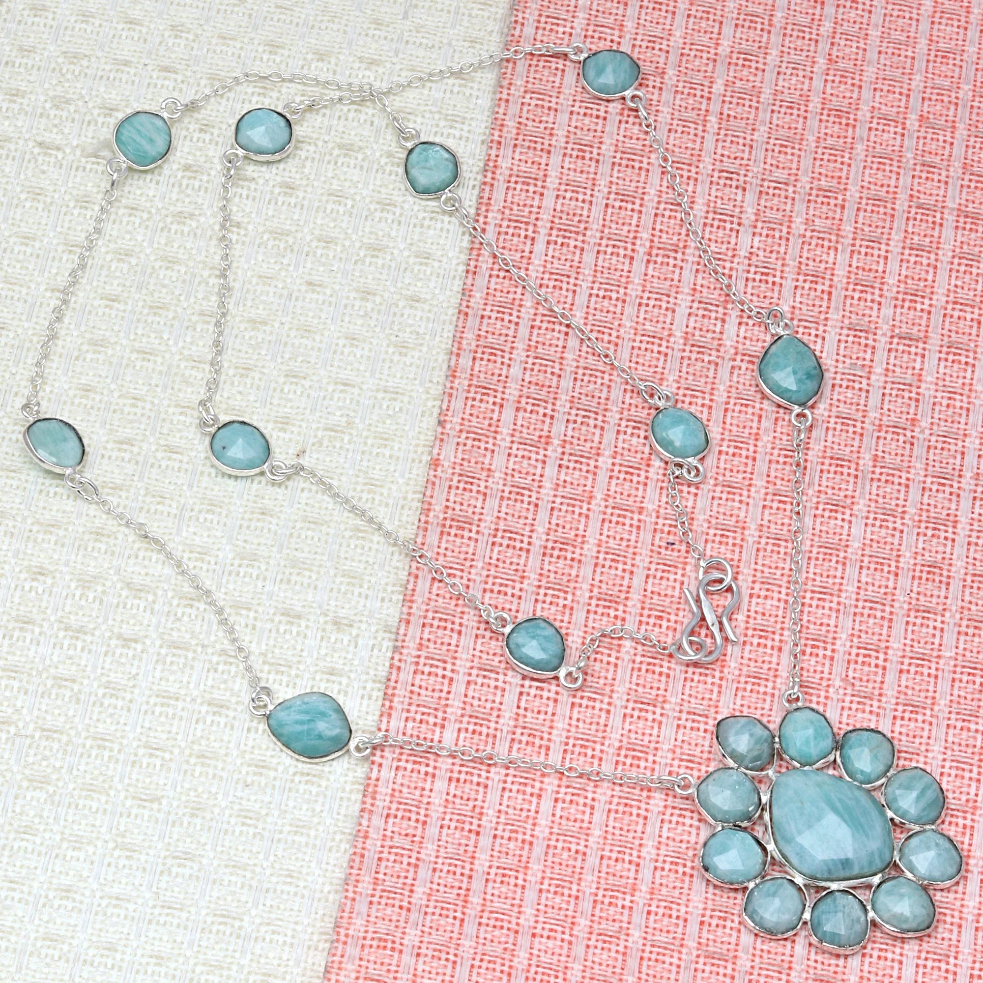 Antique 925 Silver Amazonite Gemstone Necklace 26'' E607479