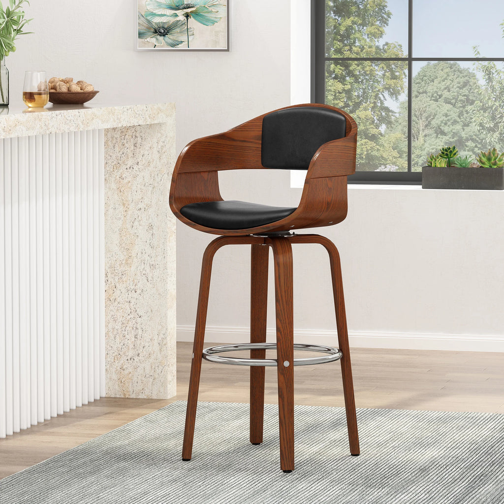 Midnight Black and Walnut Upholstered Swivel Barstool V30016