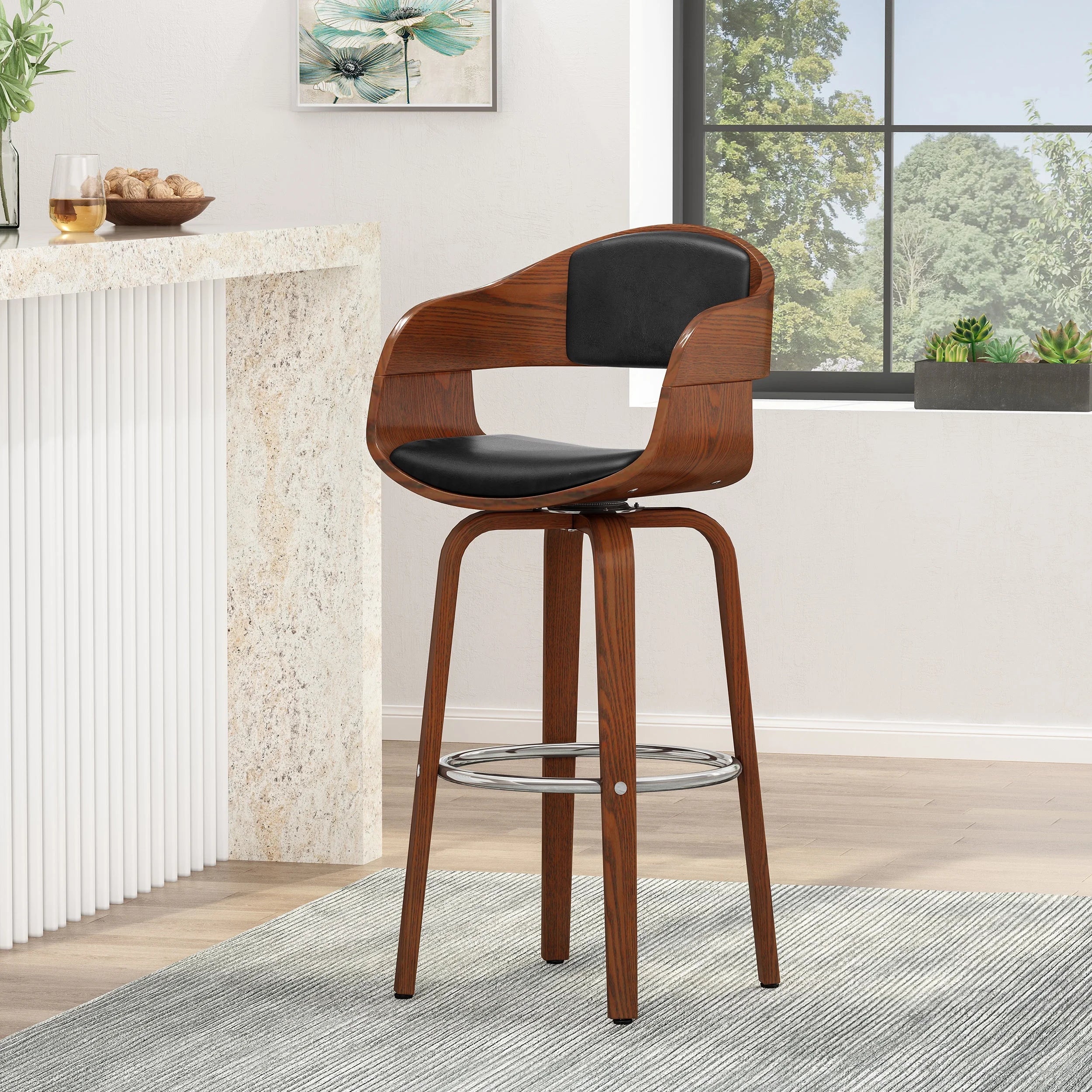 Midnight Black and Walnut Upholstered Swivel Barstool V30016