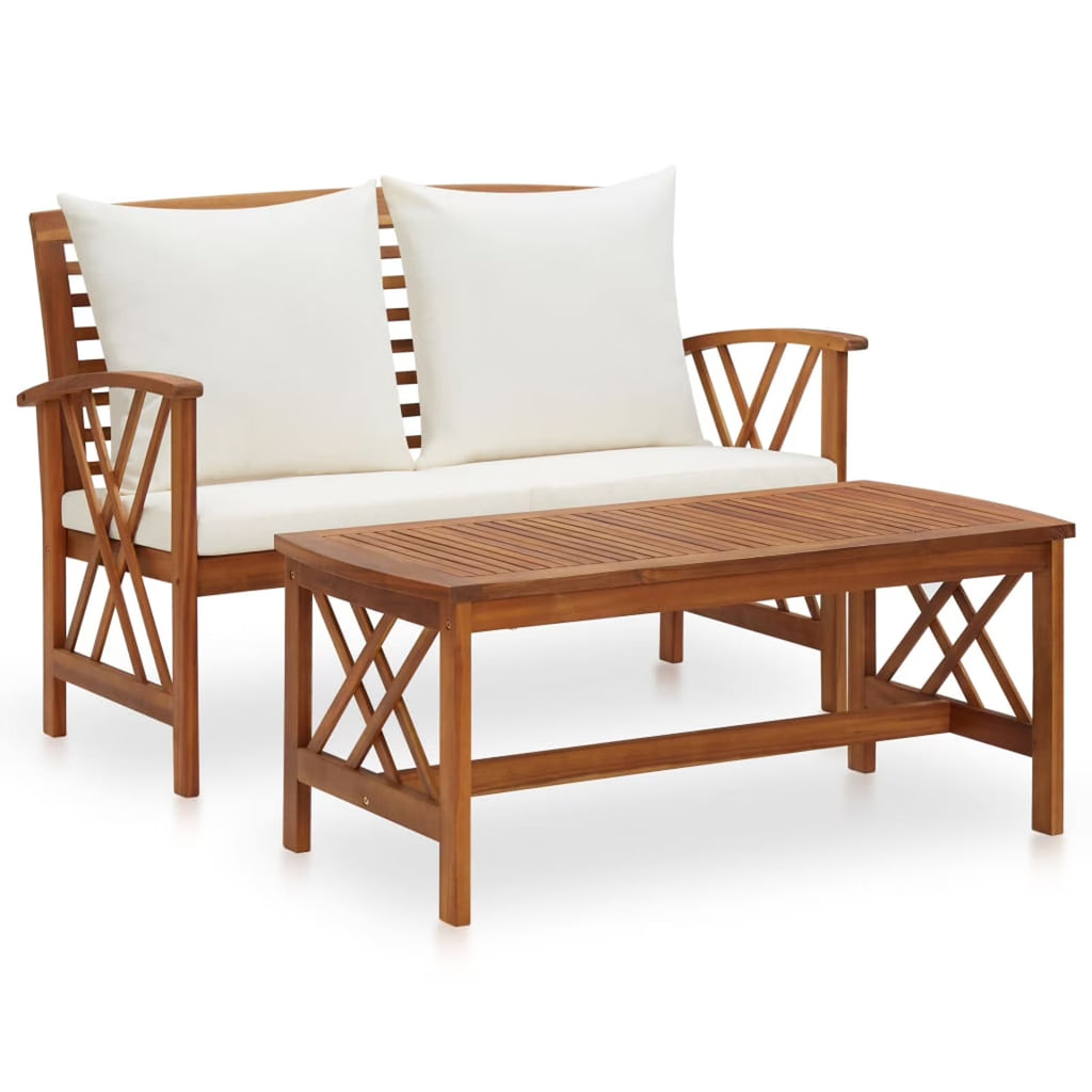 2 Piece Outdoor Sectional Sofa Set with White Cushion and Coffee Side Table Acacia Wood K720347