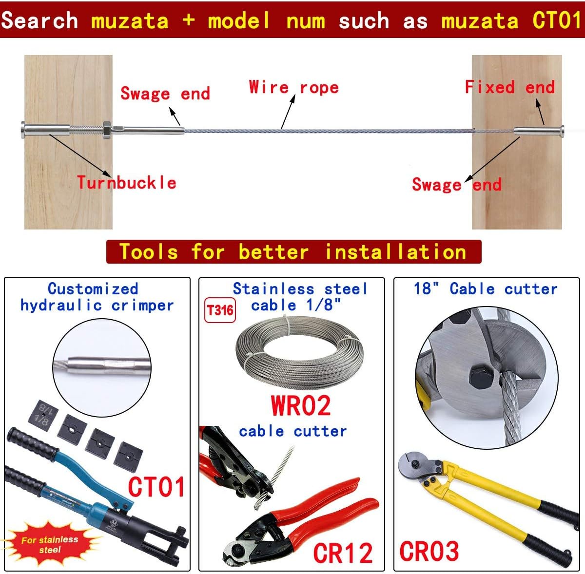 10Pack 1/8 T316 Stainless Steel Cable Railing Kit Hardware B980167