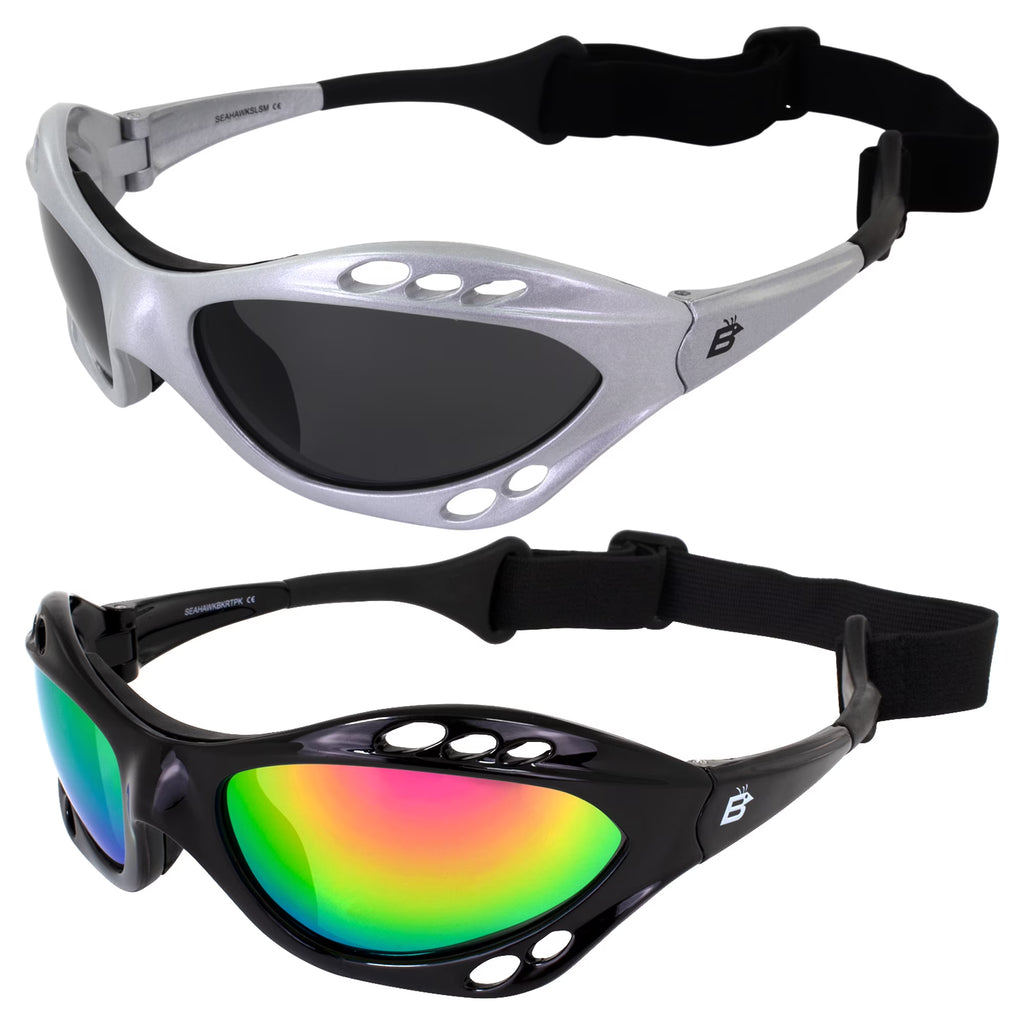 2 Pairs Padded Polarized Sunglasses w/Strap Silver w/Smoke Lens Black w/Pink Mirror Lens H47947