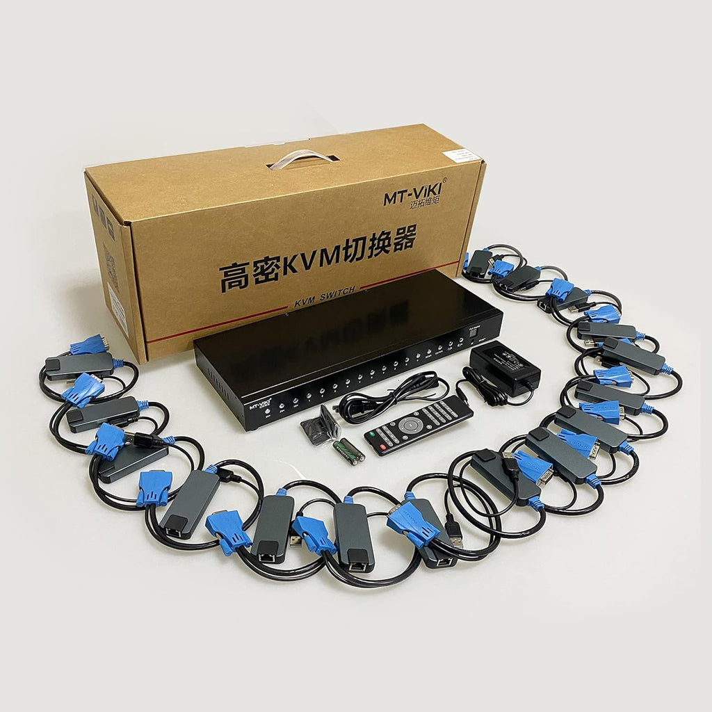 16 Port Cat5 KVM Switch with 16 Packs VGA CAT5e Dongle X4041