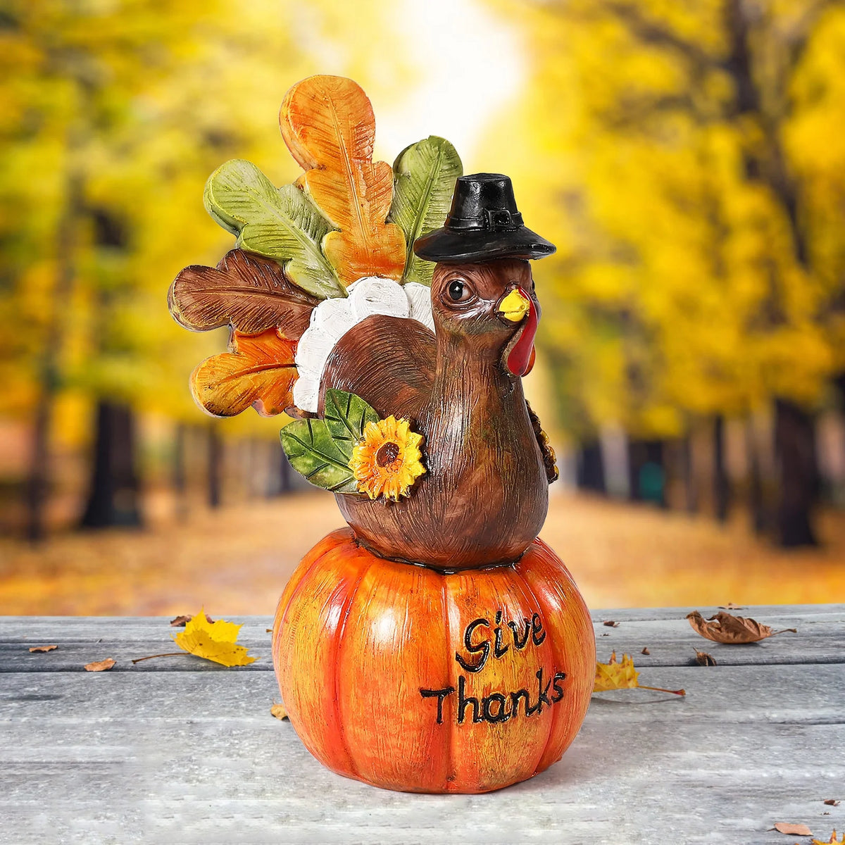 Hand-Painted Turkey Pumpkin Centerpiece Table Decoration with Artificial Maple Leaves F76885