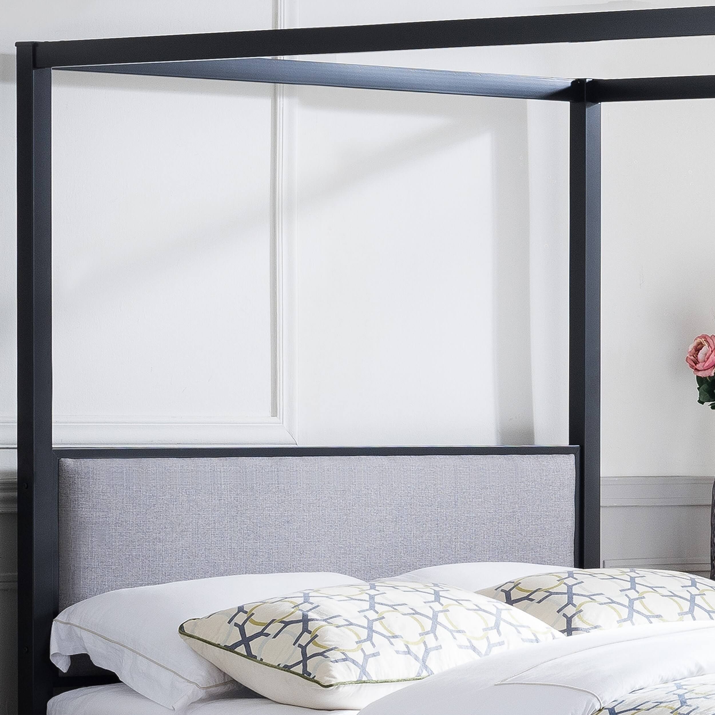 Traditional Fabric Canopy Queen Bed with Iron Frame Gray Flat Black P154