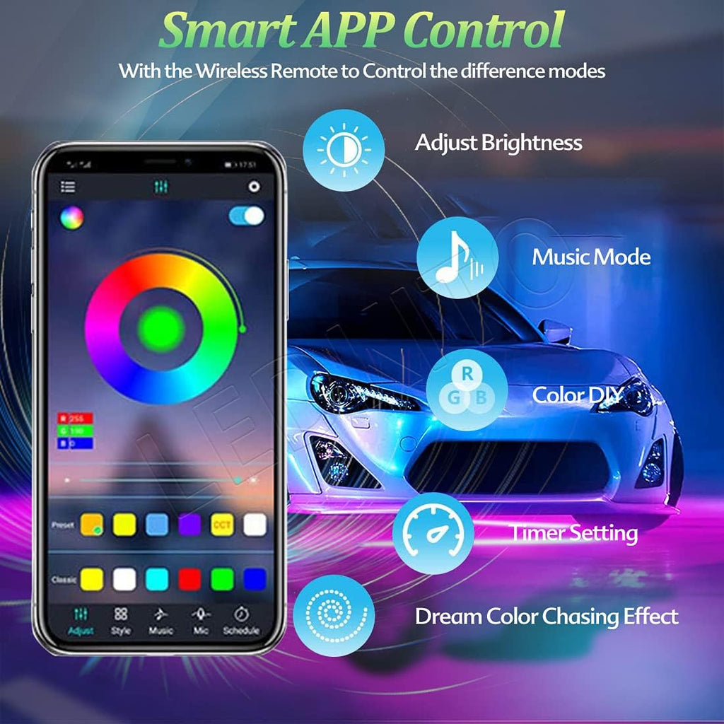 Car LED Underglow Lights Kit 4PCS+4PCS Underbody Neon Accent Lights with APP Bluetooth Remote Control DC12V RGB O751586