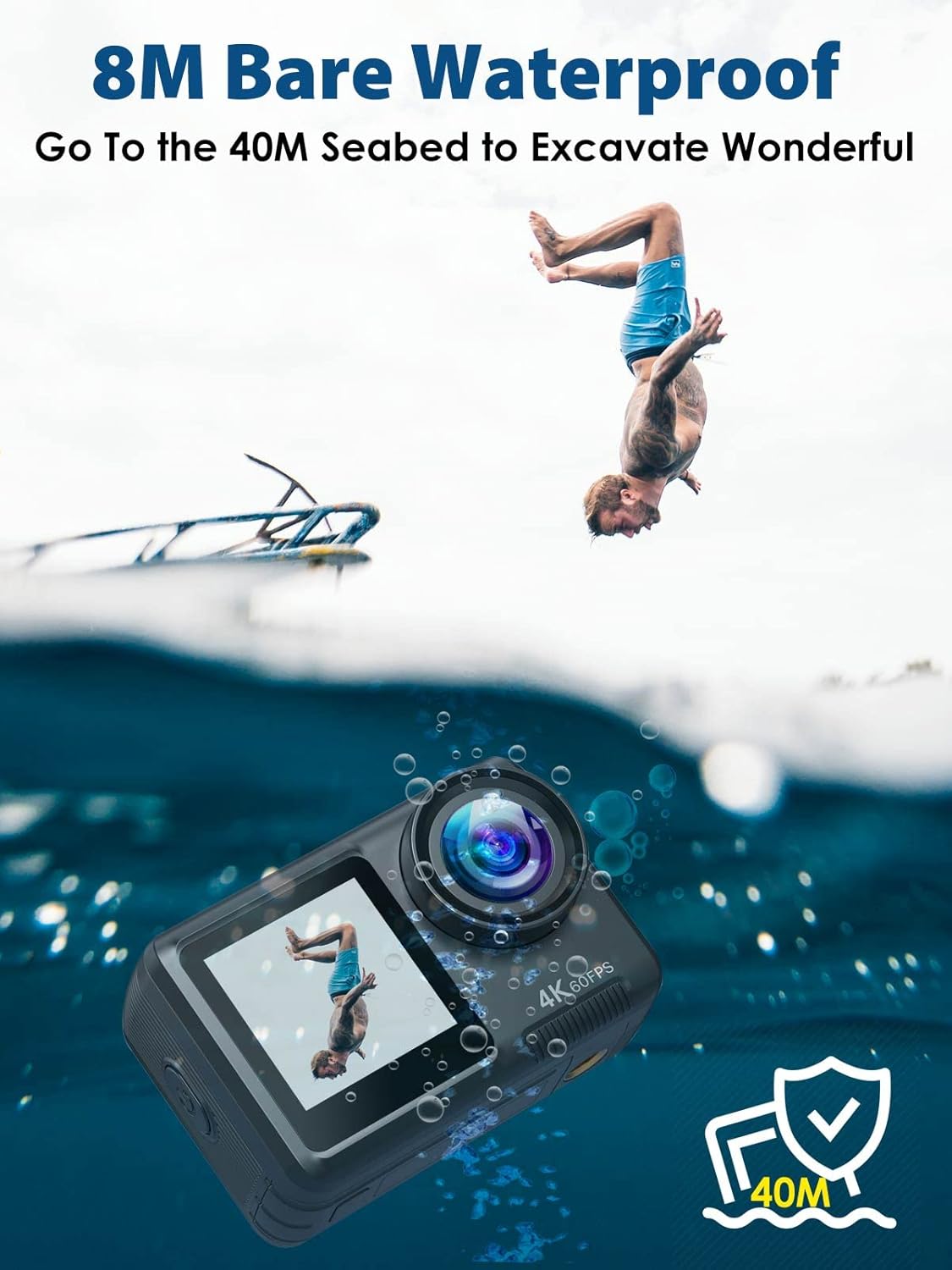 4K 60FPS Dual-Screen Waterproof Action Camera with Touch Screen and 2 Batteries Q25538