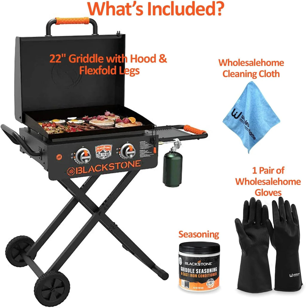 22 inch Blackstone Griddle with Hood and Grill Stand, Foldable Outdoor Flat Top Grill Propane Portable Gas Grill for Camping and BBQ Grill with Blackstone Seasoning, and Wholesalehome Gloves and Cloth N603125