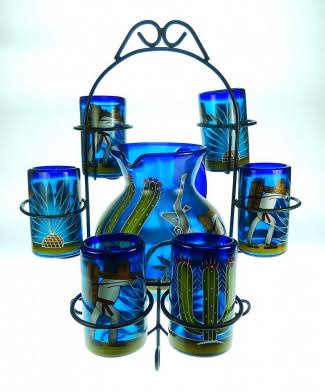 Blue Hand Blown Glasses and Pitcher Set with Display Rack E56240