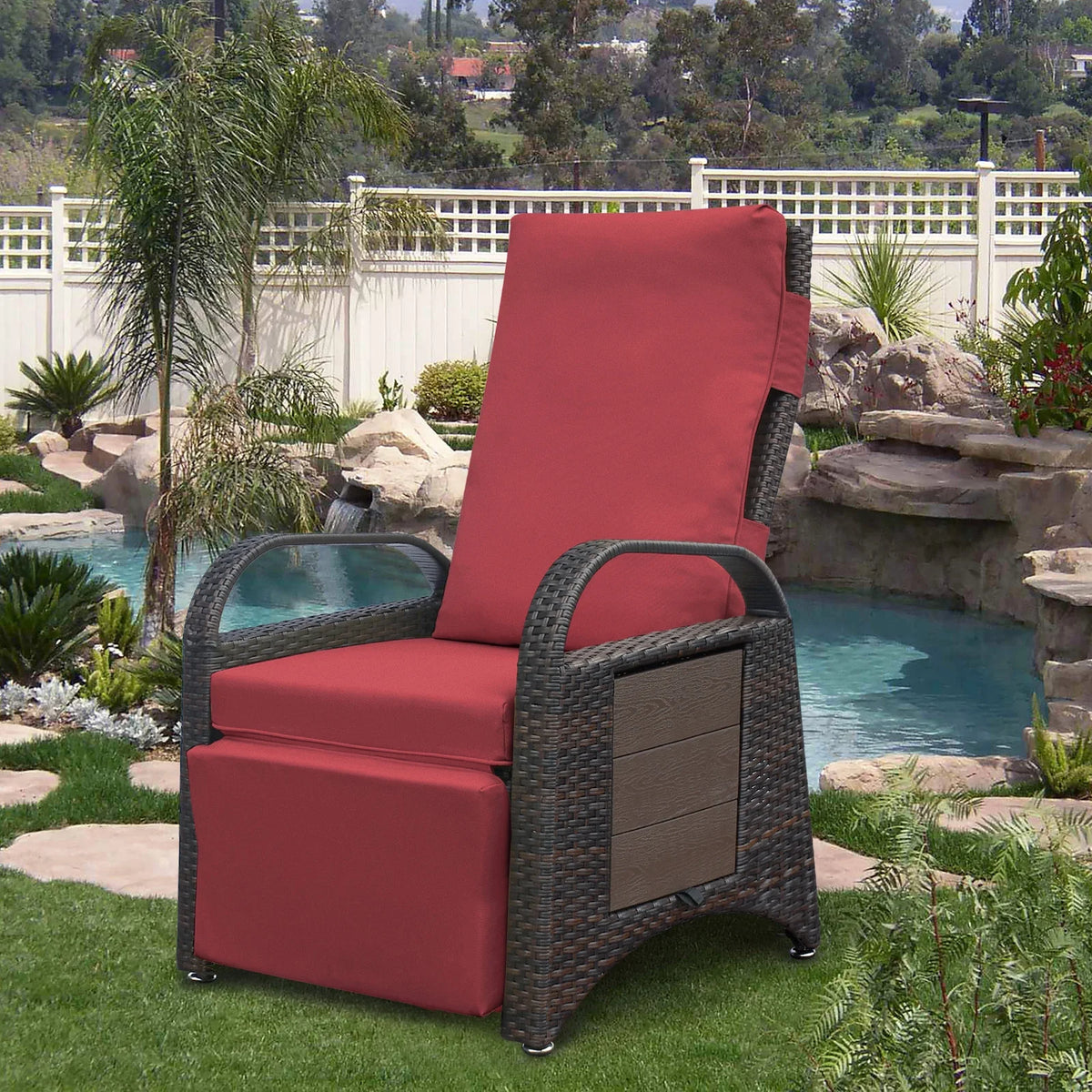 Red Rattan Reclining Armchair with Flip Table L220
