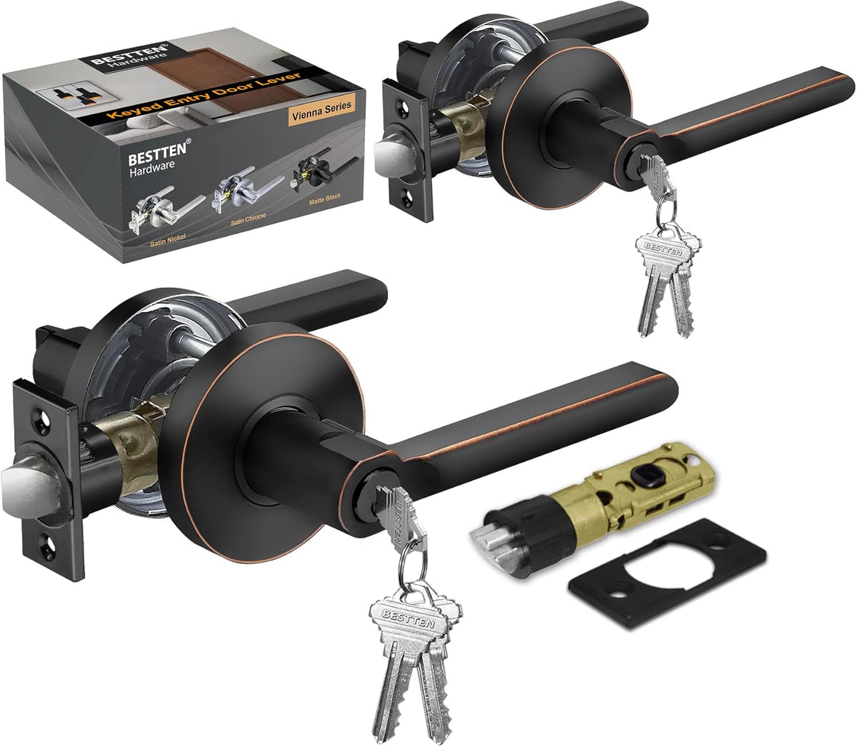 [2 Pack] Oil Rubbed Bronze Keyed Alike Entry Door Lever Set with Lock D115331