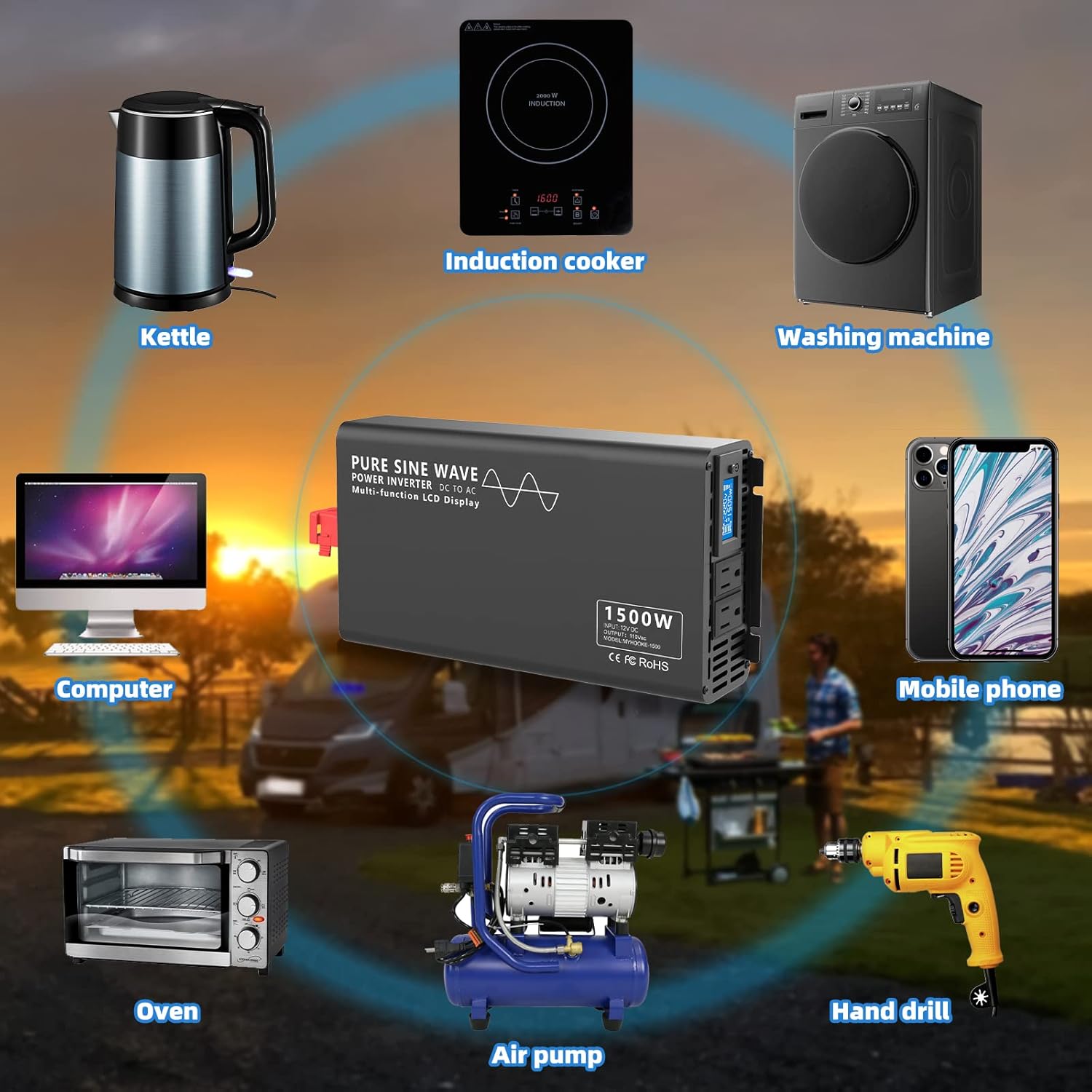 600W Pure Sine Wave Power Inverter DC 12V to AC 110V-130V with LCD Display and Wireless Remote Control G2394