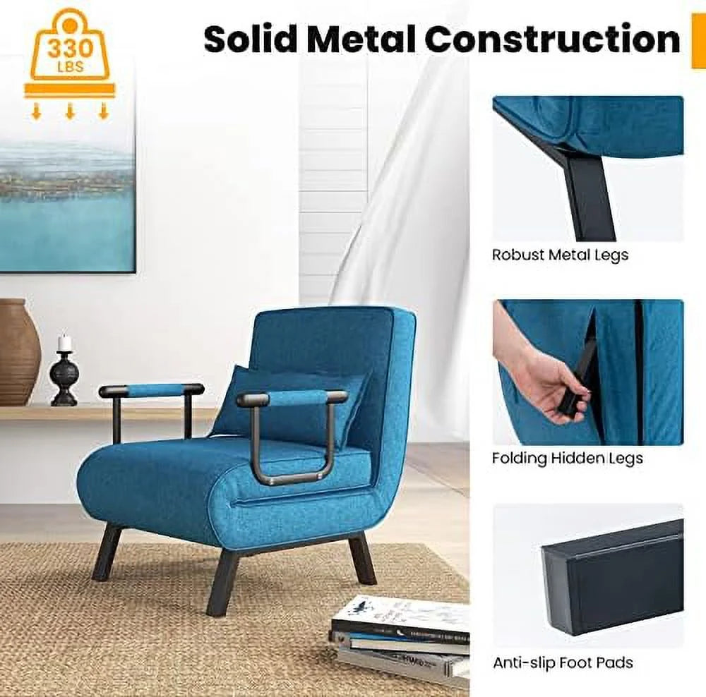 Convertible Sofa Bed 4-in-1 Sleeper Chair with Pillow, 6 Positions Adjustable Backrest, Metal Legs, Linen Fabric Z829
