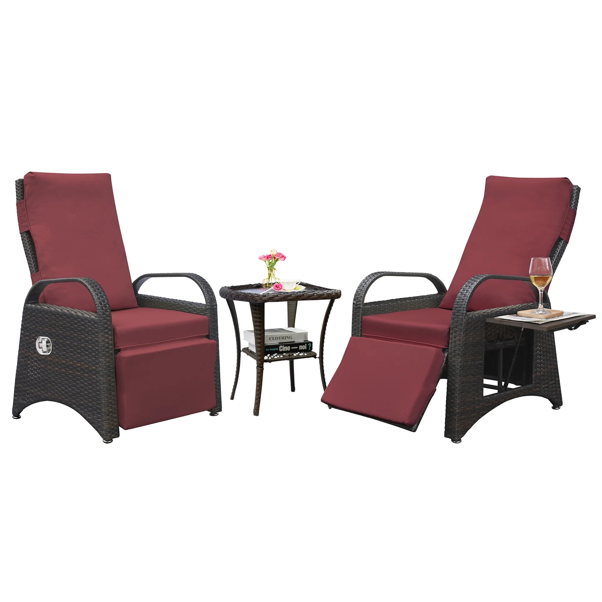 Red Rattan Reclining Armchair with Flip Table L220