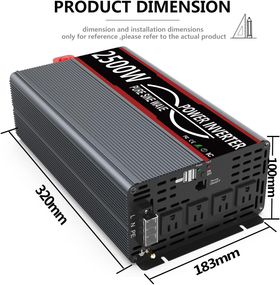 Pure Sine Wave Power Inverter 12V to 120V 2500 Watts Surge 5000 Watts with Remote Control and Starter Cables C482
