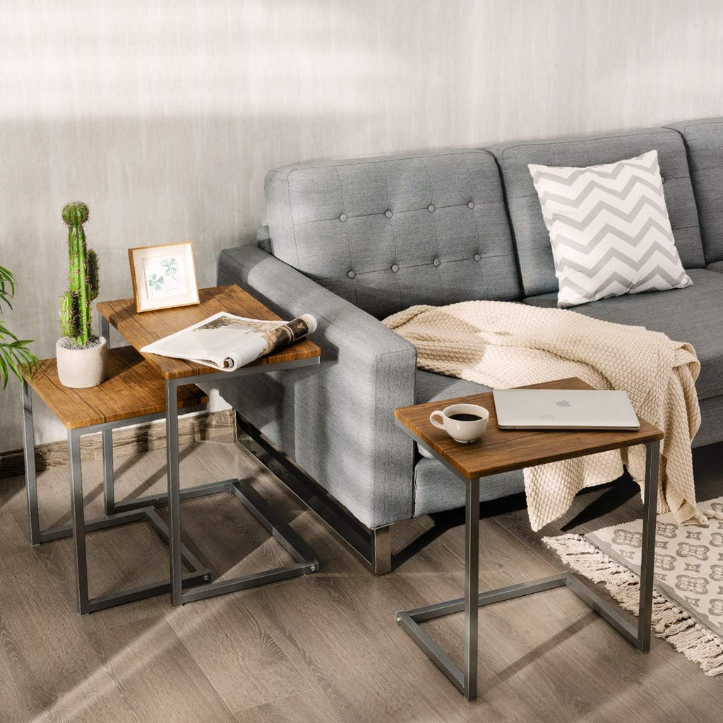 Walnut Nesting End Table, 3pcs Stacking Coffee Table with Metal Frame D453