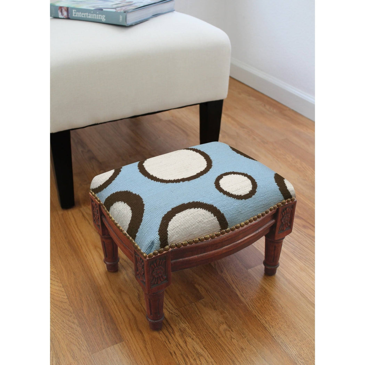 Blue and Brown Circle Needlepoint Footstool V730
