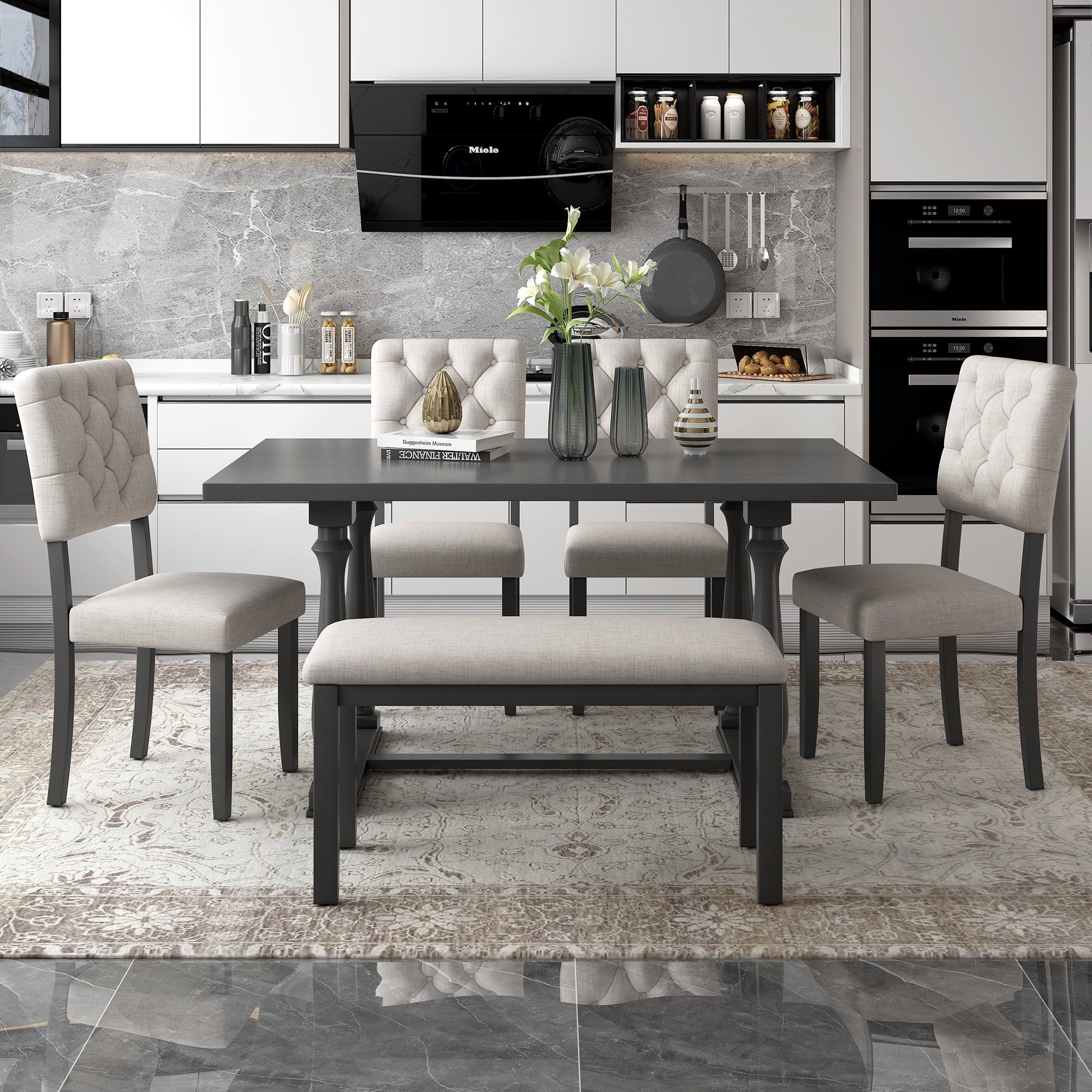 Rectangular Dining Table Set with Bench and 4 Upholstered Chairs T847989