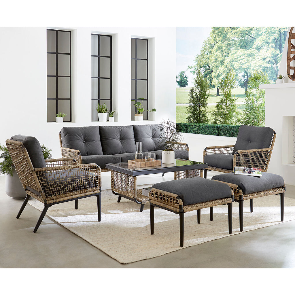 6-Piece Modern Outdoor Chat Set with Open Weave Wicker Sofa, 2 Side Chairs, 2 Ottomans, and Glass Top Coffee Table with Charcoal Plush Cushions R7865