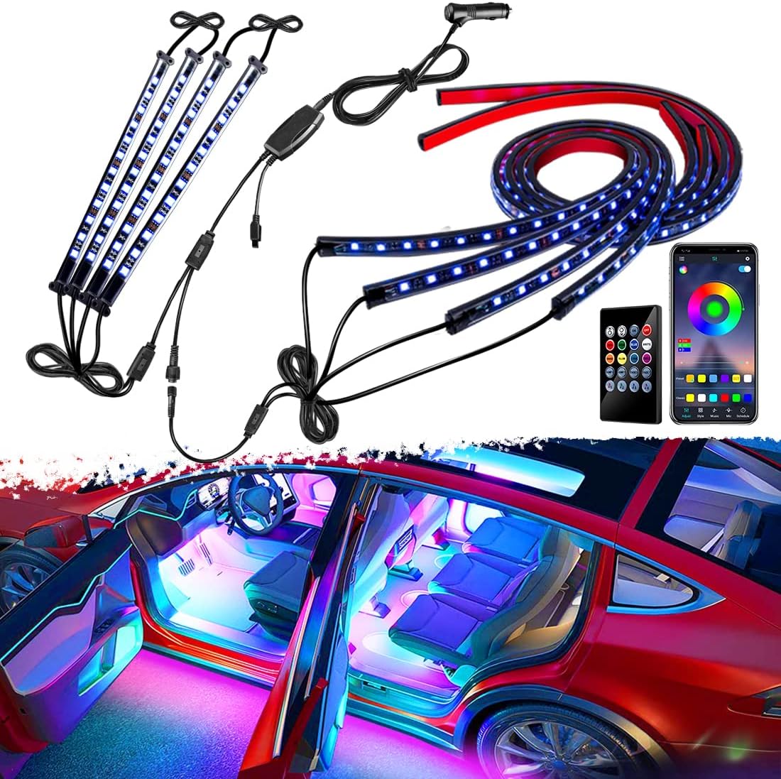 Car LED Underglow Lights Kit 4PCS+4PCS Underbody Neon Accent Lights with APP Bluetooth Remote Control DC12V RGB O751586