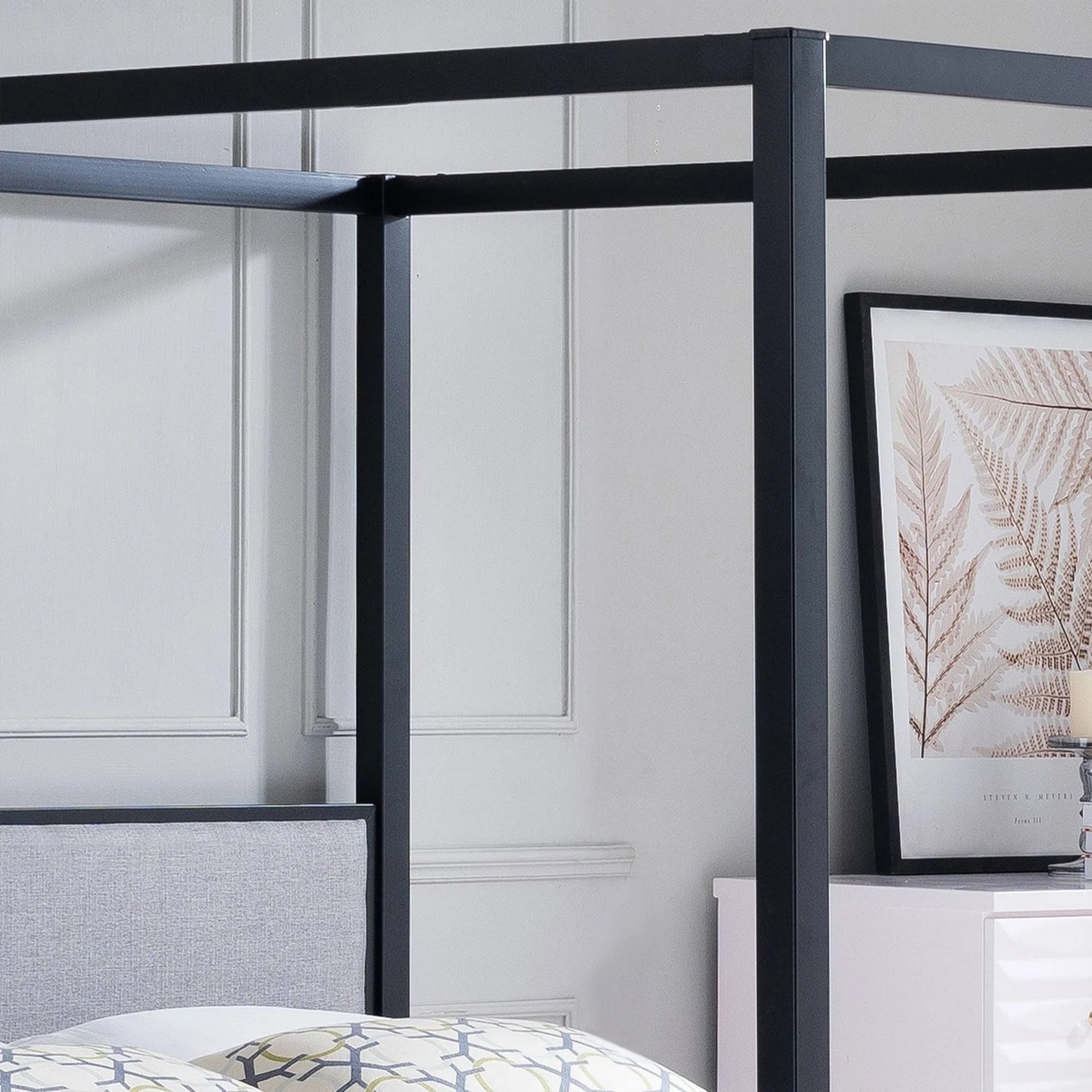Traditional Fabric Canopy Queen Bed with Iron Frame Gray Flat Black P154