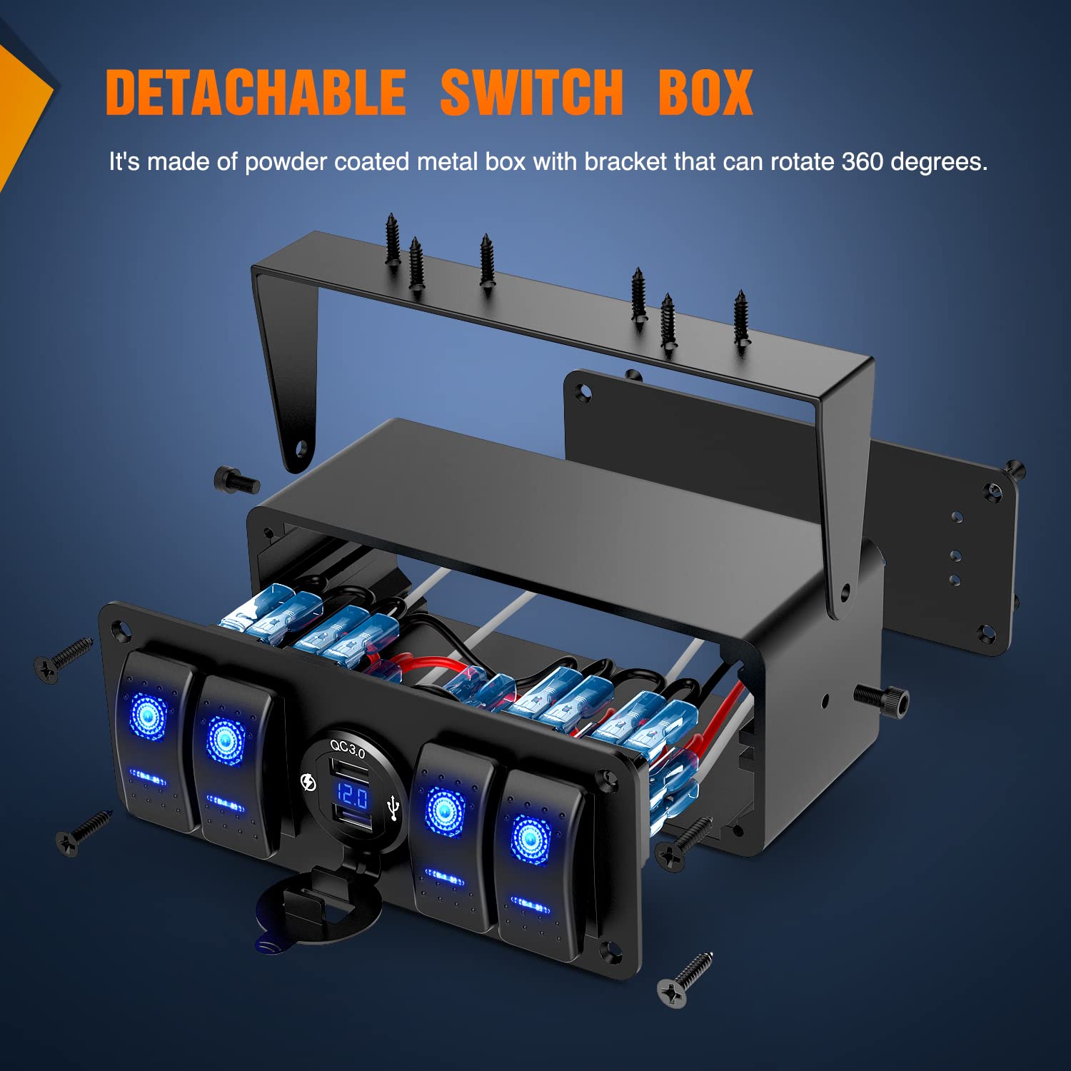 4 Gang Rocker Switch Panel 12V SPST ON Off Switch USB Charger Voltmeter Waterproof Aluminum H91770