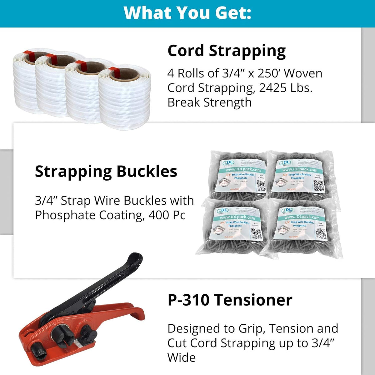 3/4" x 1000' Woven Cord Strapping Kit with Polyester Cord Strapping Tensioner, Strapping Buckles and Woven Cord Strapping Roll F959