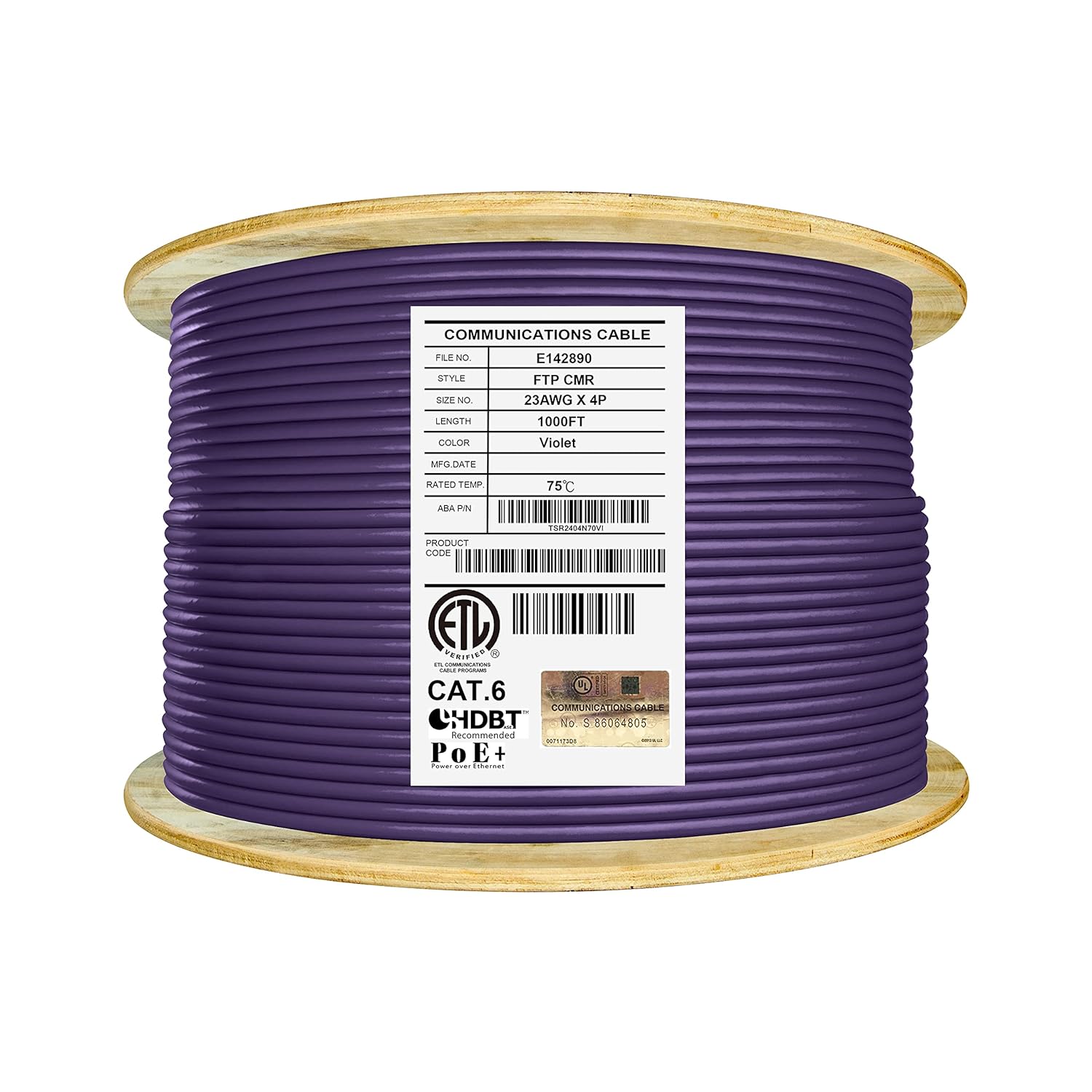 Cat6 Shielded Riser 1000ft F/UTP 23AWG Solid Bare Copper 550MHz Bulk Ethernet Cable Reel Orange N673585