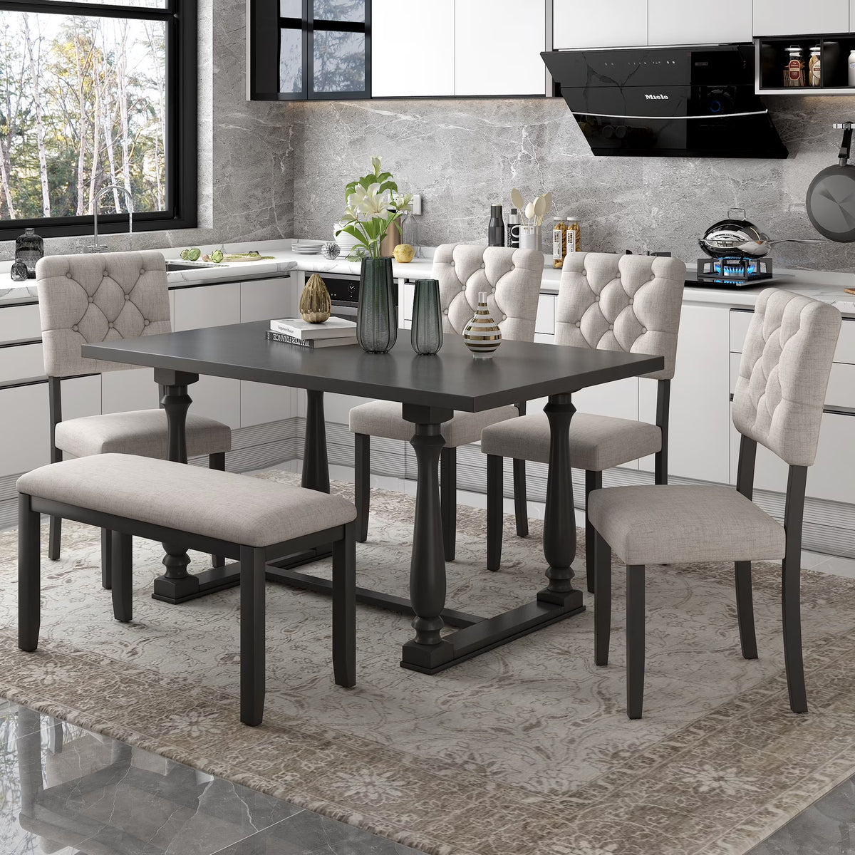 Rectangular Dining Table Set with Bench and 4 Upholstered Chairs T847989