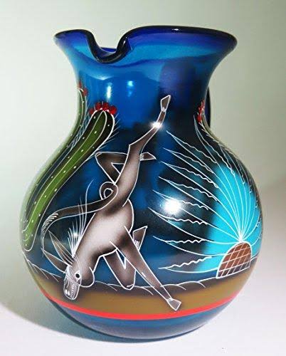Blue Hand Blown Glasses and Pitcher Set with Display Rack E56240