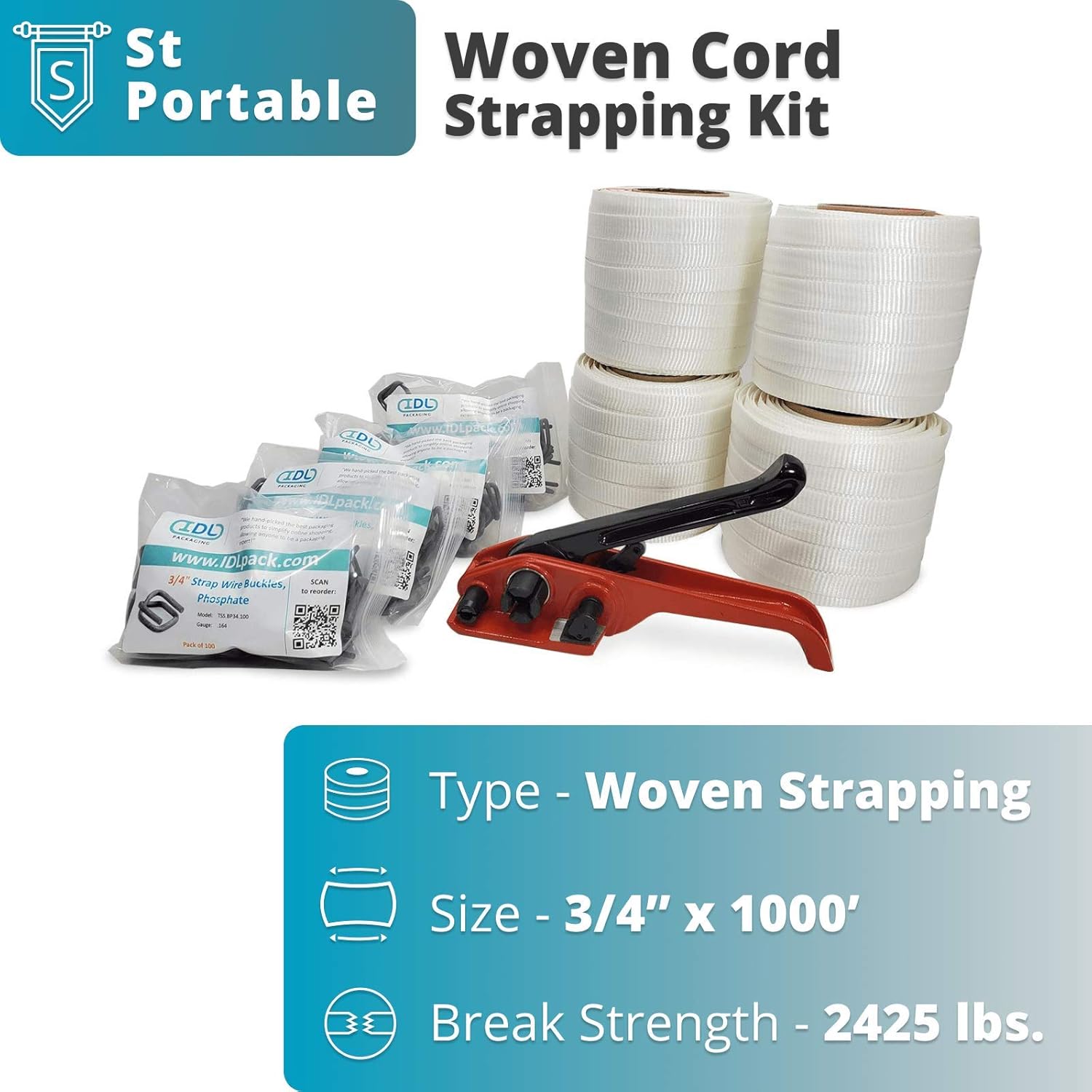 3/4" x 1000' Woven Cord Strapping Kit with Polyester Cord Strapping Tensioner, Strapping Buckles and Woven Cord Strapping Roll F959