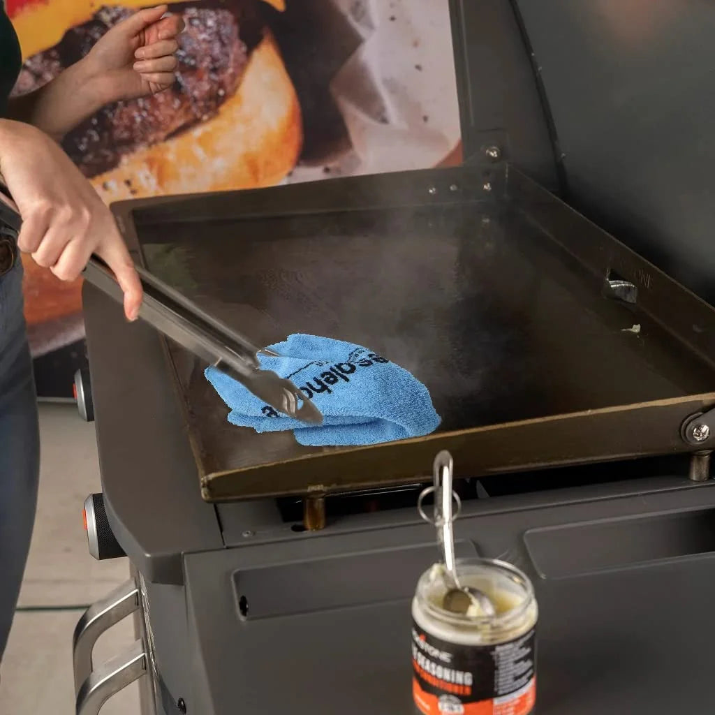 22 inch Blackstone Griddle with Hood and Grill Stand, Foldable Outdoor Flat Top Grill Propane Portable Gas Grill for Camping and BBQ Grill with Blackstone Seasoning, and Wholesalehome Gloves and Cloth N603125