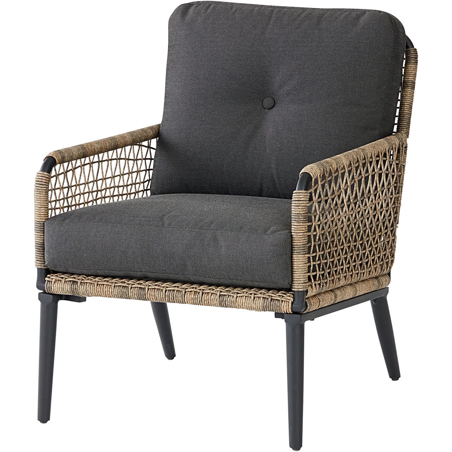 6-Piece Modern Outdoor Chat Set with Open Weave Wicker Sofa, 2 Side Chairs, 2 Ottomans, and Glass Top Coffee Table with Charcoal Plush Cushions R7865