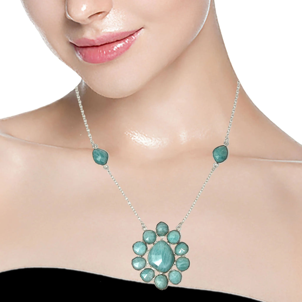 Antique 925 Silver Amazonite Gemstone Necklace 26'' E607479
