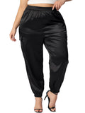 Plus Size Satin Elastic Waist Casual Joggers Cargo Pants Y75438