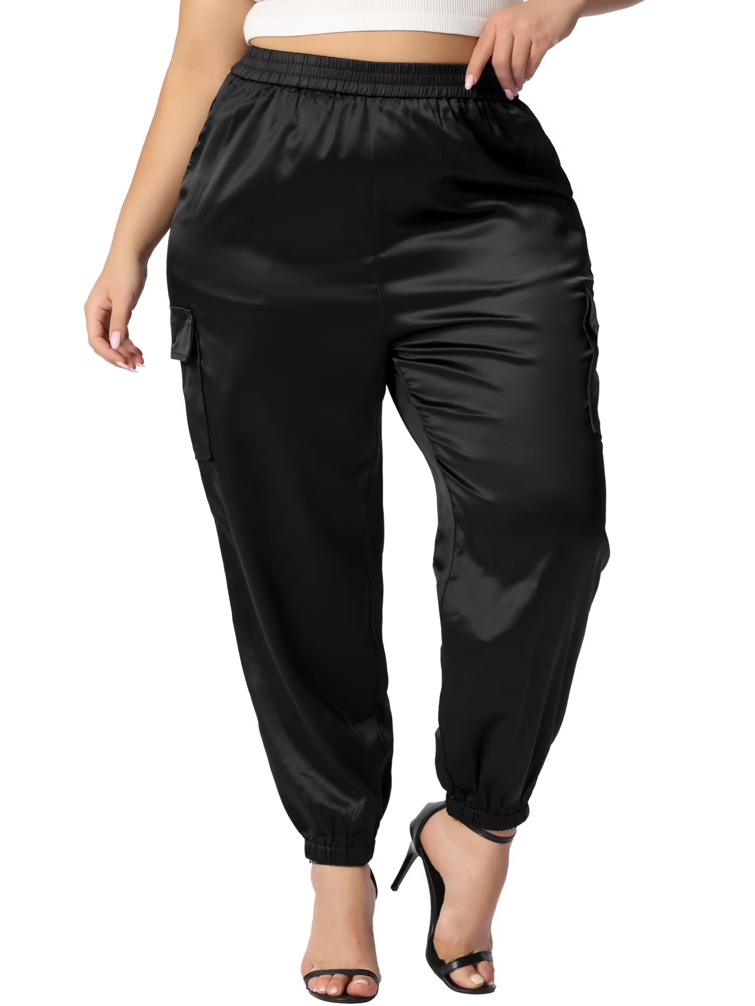 Plus Size Satin Elastic Waist Casual Joggers Cargo Pants Y75438