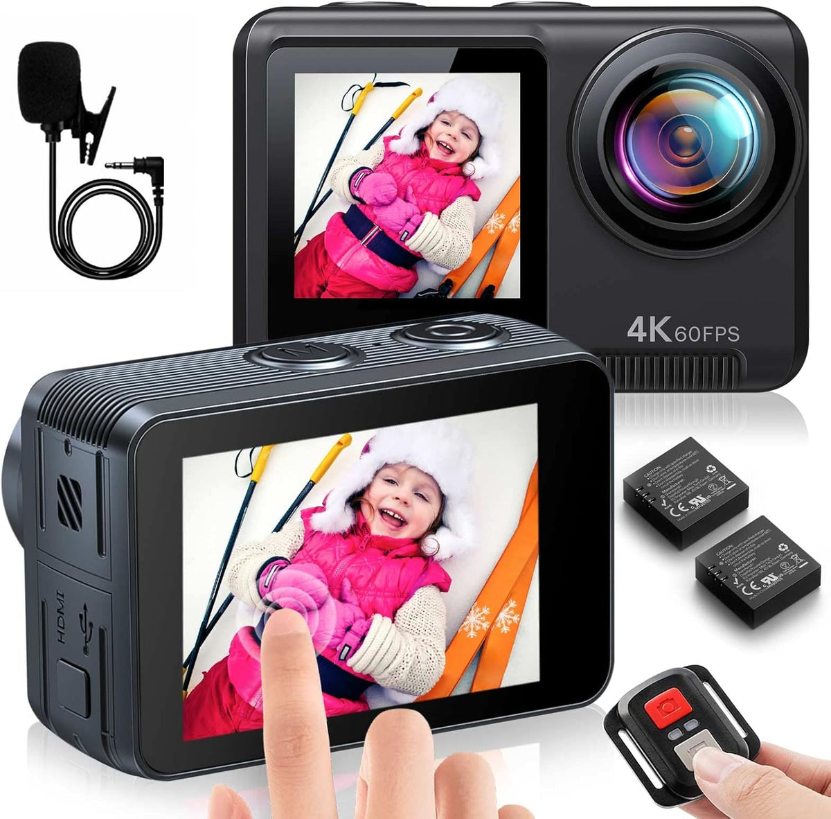4K 60FPS Dual-Screen Waterproof Action Camera with Touch Screen and 2 Batteries Q25538