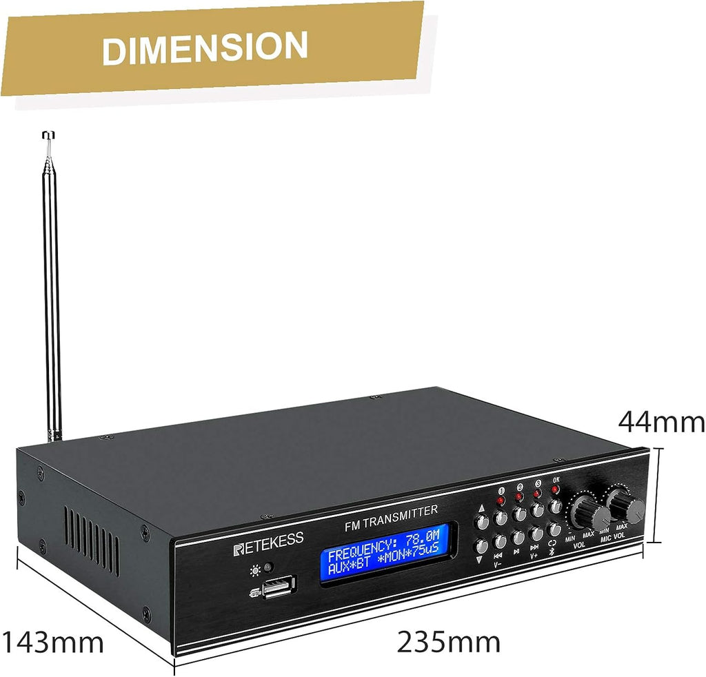 FM Transmitter with Dual Mic, 3 Preset Stations, USB Drive and RCA Inputs H373557