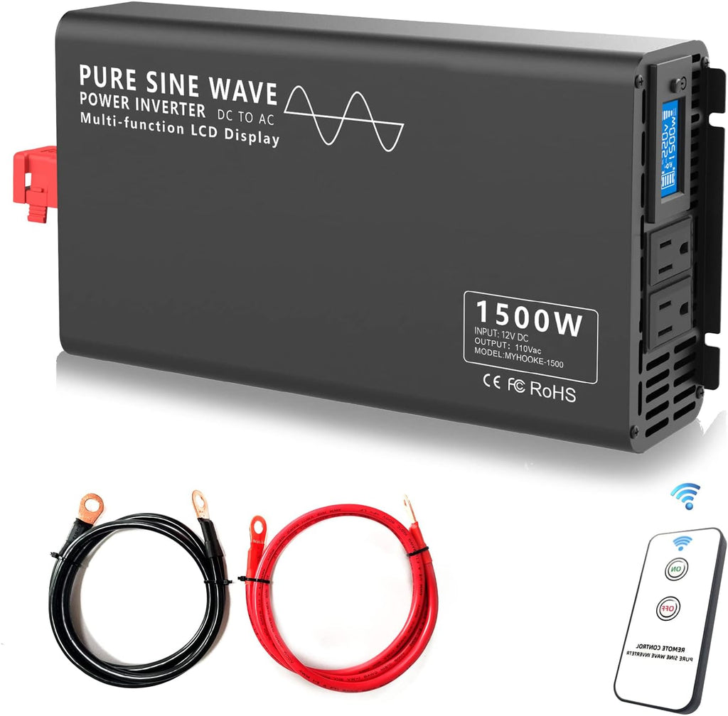600W Pure Sine Wave Power Inverter DC 12V to AC 110V-130V with LCD Display and Wireless Remote Control G2394