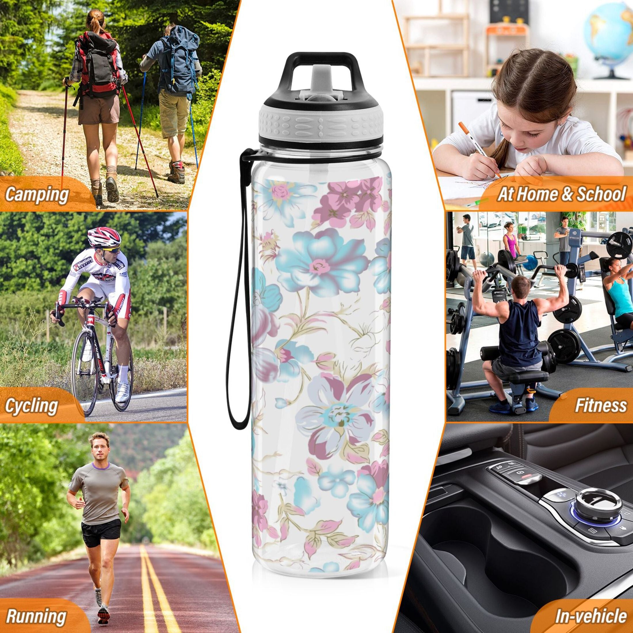 Blue Colorful Flowers 32oz Tritan Leakproof Sports Bottle U3858