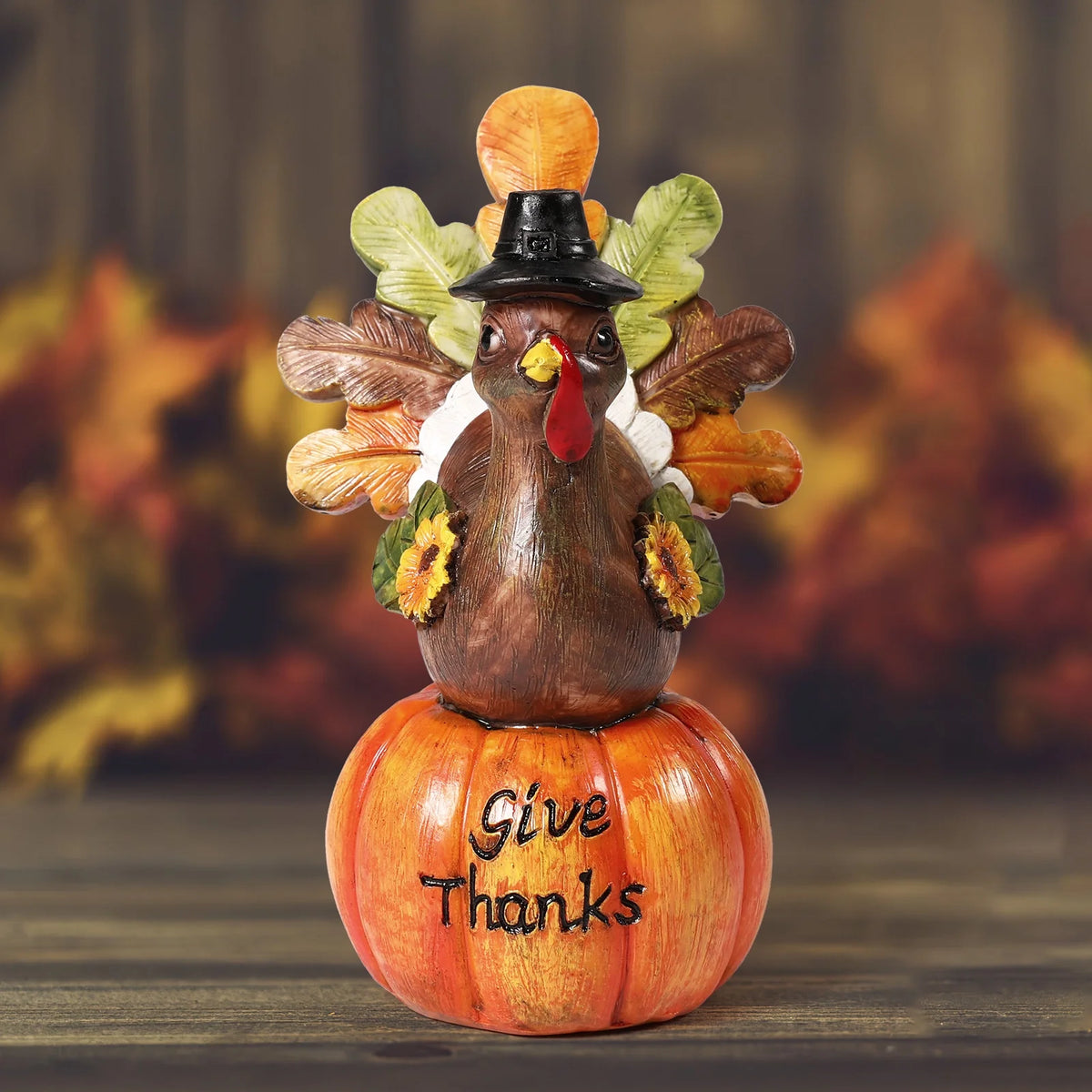 Hand-Painted Turkey Pumpkin Centerpiece Table Decoration with Artificial Maple Leaves F76885