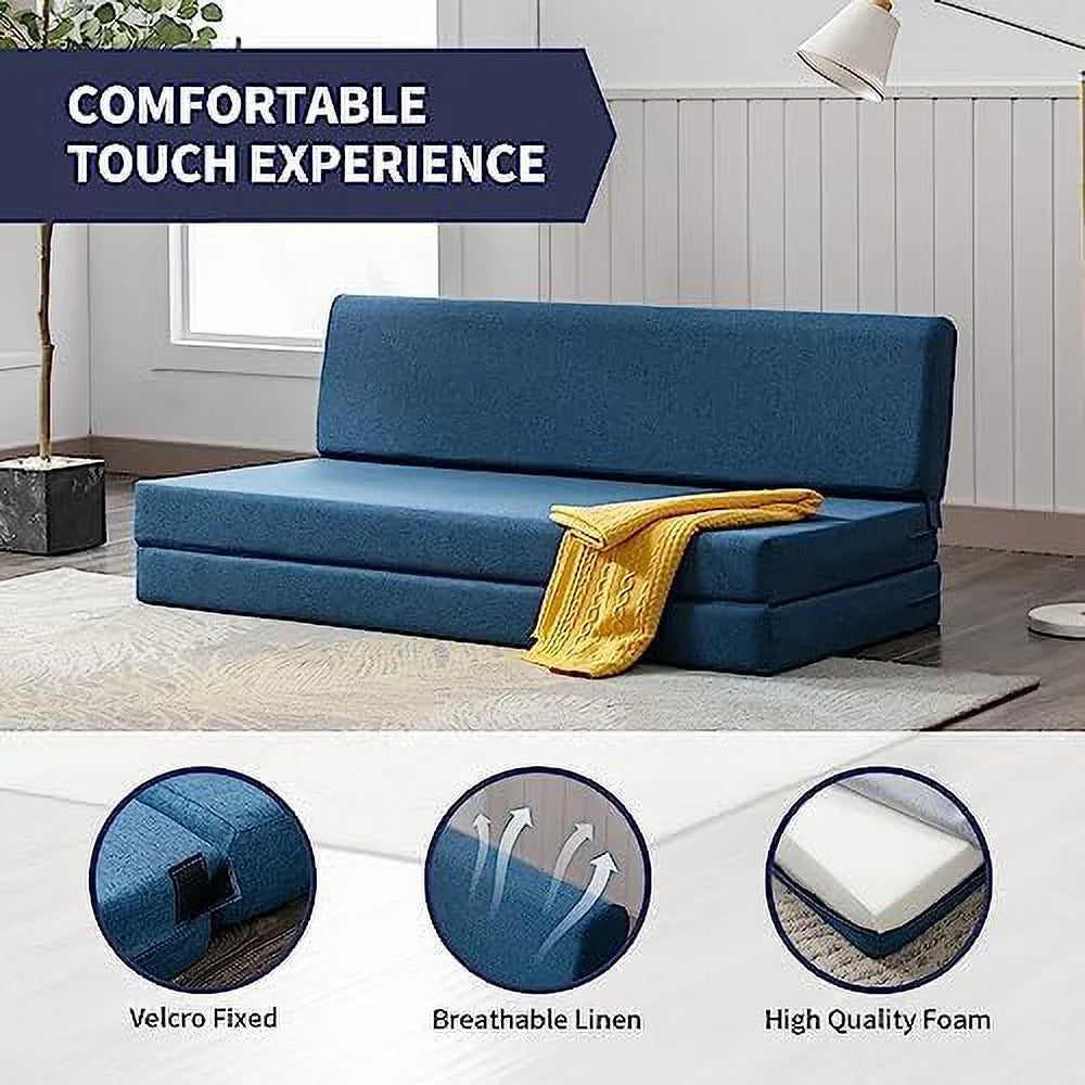 Twin Folding Sofa Couch Bed with Memory Foam Mattress Linen Fabric T8101