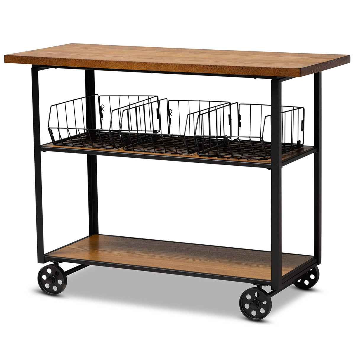 Walnut Brown Finished Wood and Black Finished Metal Console Cart A363426