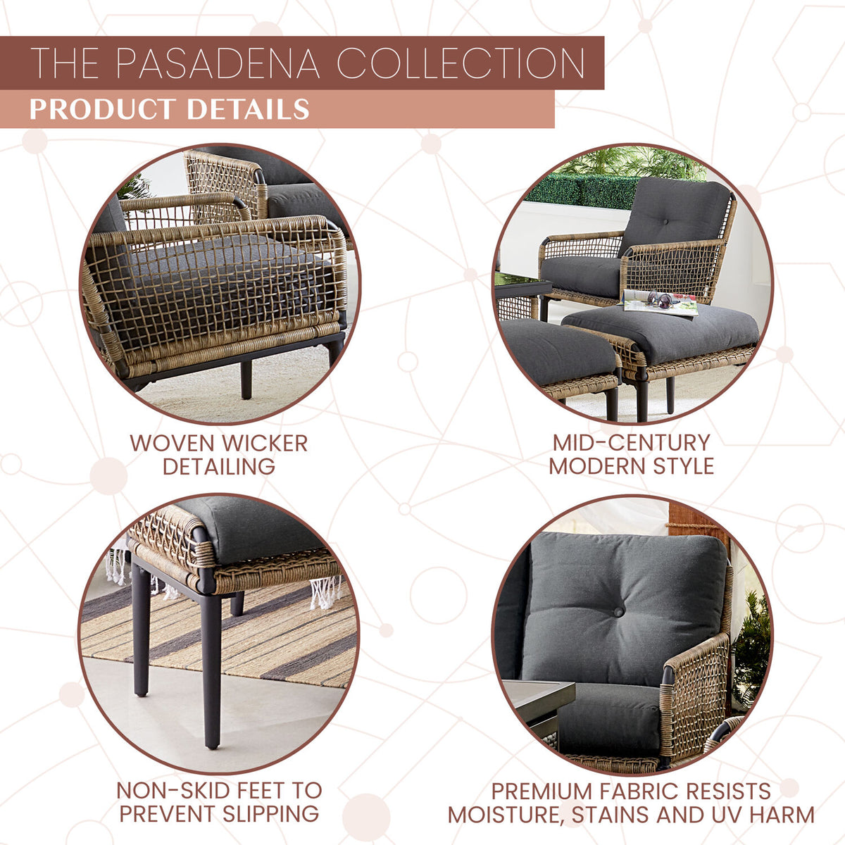 6-Piece Modern Outdoor Chat Set with Open Weave Wicker Sofa, 2 Side Chairs, 2 Ottomans, and Glass Top Coffee Table with Charcoal Plush Cushions R7865