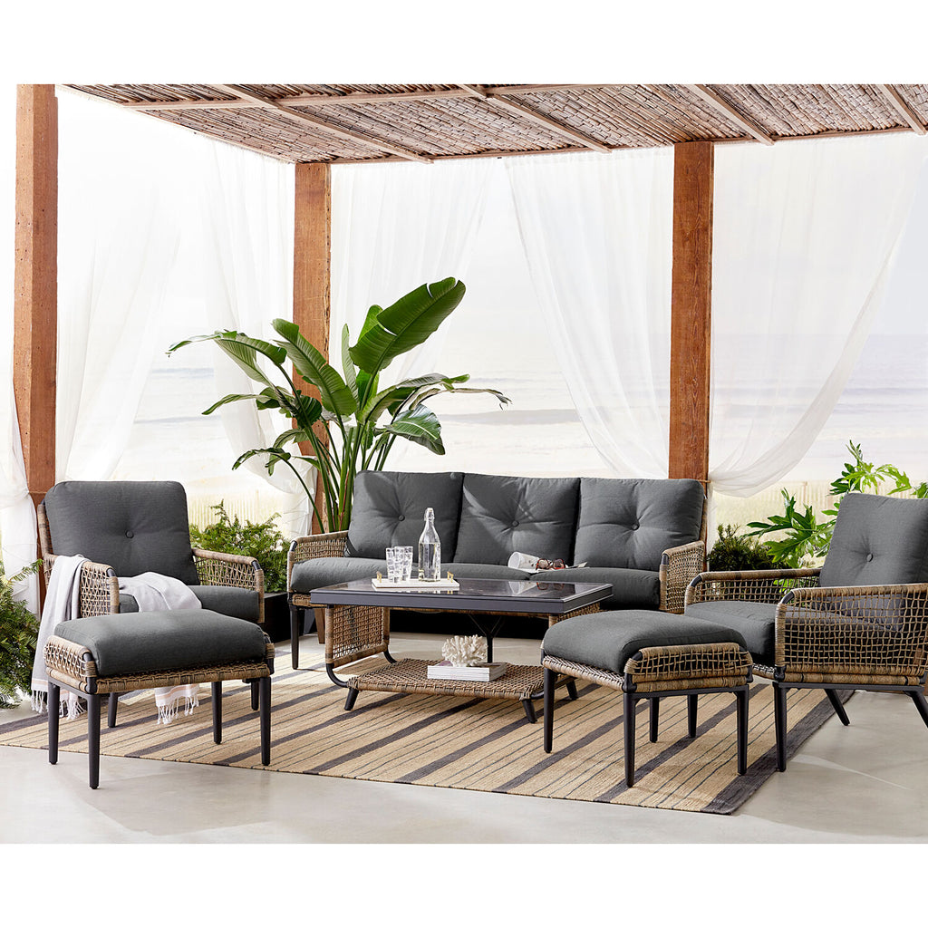 6-Piece Modern Outdoor Chat Set with Open Weave Wicker Sofa, 2 Side Chairs, 2 Ottomans, and Glass Top Coffee Table with Charcoal Plush Cushions R7865