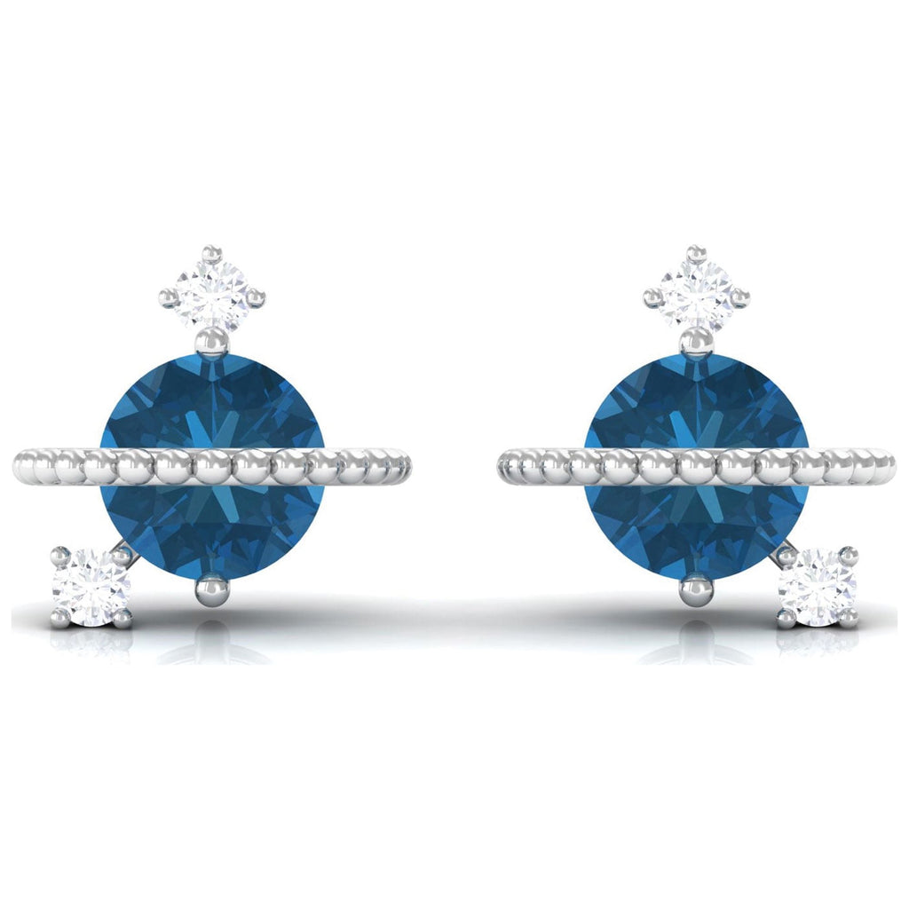London Blue Topaz and Diamond Stud Earrings, 925 Sterling Silver P179
